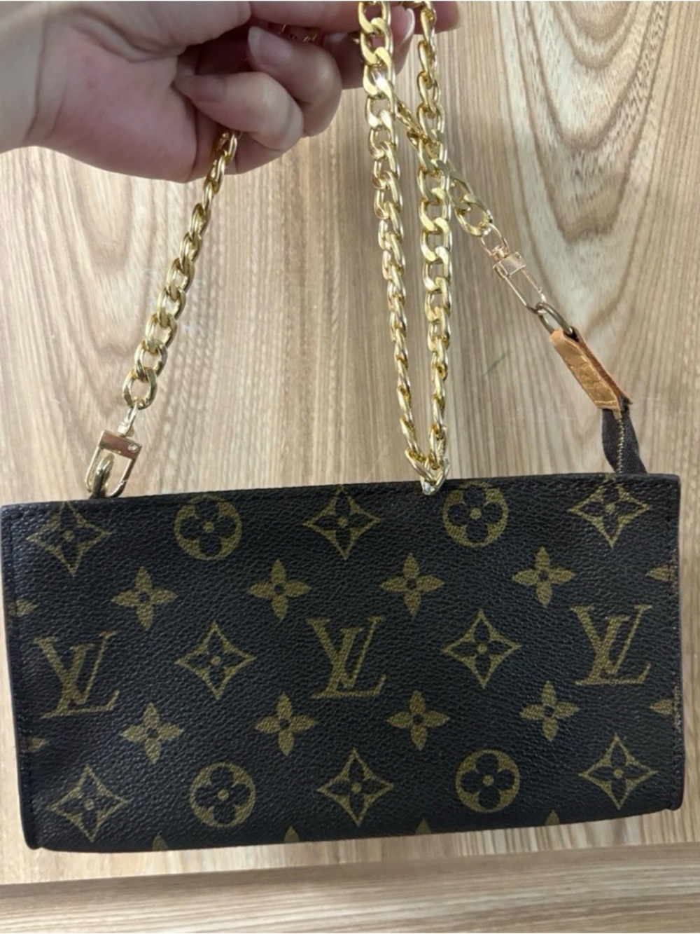 Auth Louis Vuitton Pochette Accessory Pouch GM Monogram Brown Leather